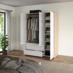Kledingkast Atlanta Eiken / Hoogglans Wit - 149x202x58 cm