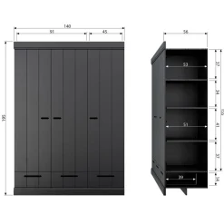 WOOOD Kledingkast Connect Zwart - 140x195x53 cm